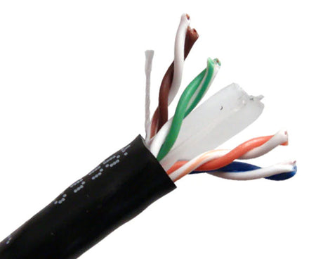 CAT6 outdoor bulk ethernet cable with black jacket.