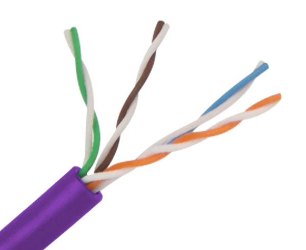 CAT6 slim stranded bulk ethernet cable with purple jacket.