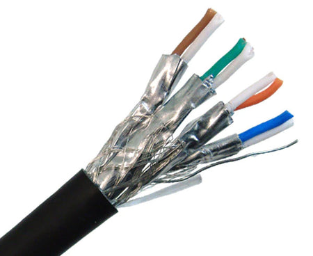 Dual shielded CAT7A outdoor bulk ethernet cable with black jacket.