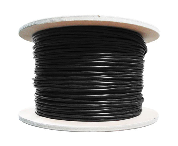 Dual shielded CAT7A outdoor bulk ethernet cable with black jacket on a wooden spool.