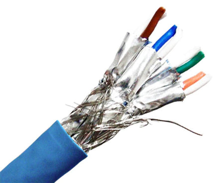 Dual shielded CAT7 bulk ethernet cable with blue jacket.