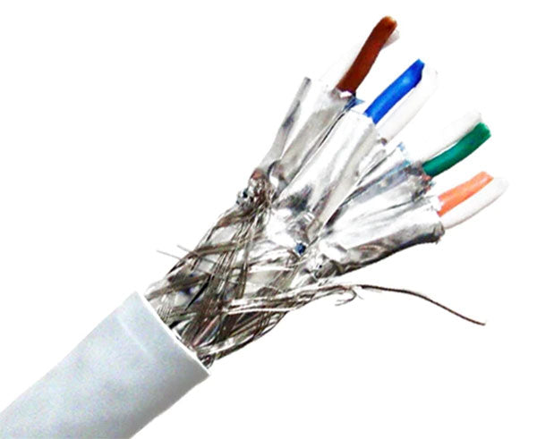 Dual shielded CAT7 bulk ethernet cable with white jacket.