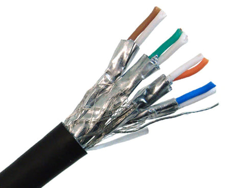 Dual shielded CAT7 outdoor bulk ethernet cable with black jacket.
