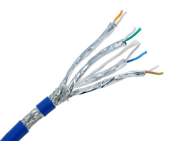 Dual shielded CAT8.1 bulk ethernet cable with blue CMR rated jacket.