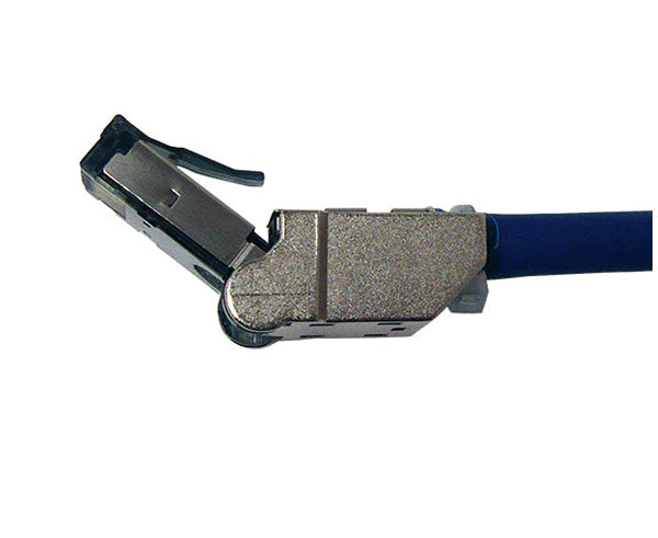 Cat6a shielded RJ45 flex connector angled at 45 degrees.