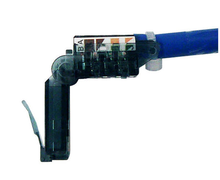 Cat6a unshielded RJ45 flex connector installed on a blue network cable angled at 90 degrees.
