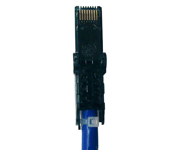 Cat6a unshielded RJ45 flex connector installed on a blue network cable.