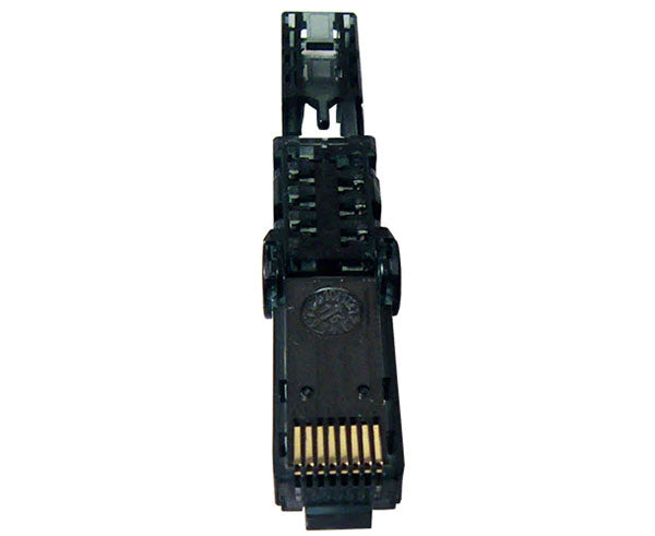 Cat6a unshielded RJ45 flex connector with open body and gold plated connectors.