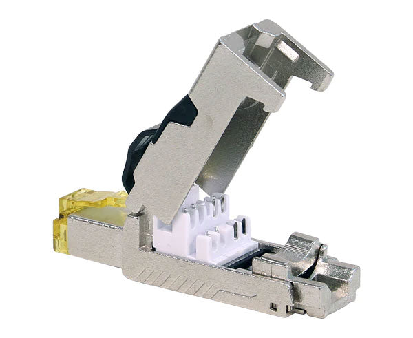 Cat6a shielded field termination RJ45 plug with open body.