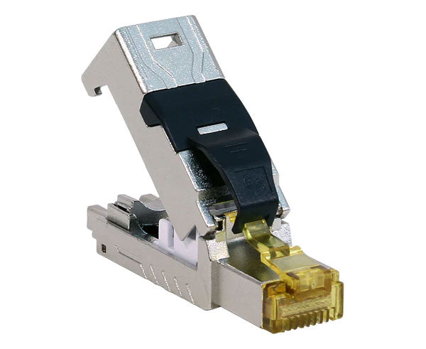 Cat6a shielded field termination RJ45 plug with open body and locking tab.