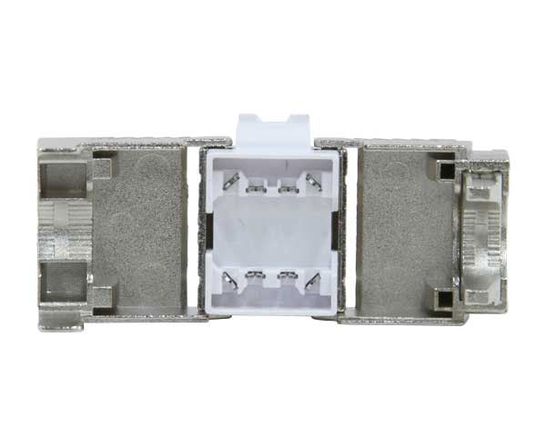 Cat8 shielded component rated keystone jack with open body.