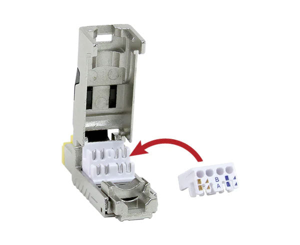 Cat8 shielded field termination RJ45 plug with wire insert.