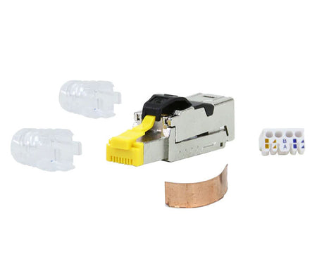 Cat8 shielded field termination RJ45 plug with wire insert, copper strip and cable grommet.