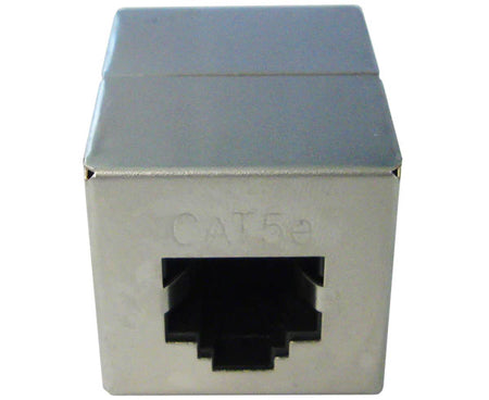 Cat5e shielded inline coupler with metal body and ethernet port.
