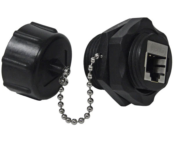 Cat6 IP67 outdoor rated shielded coupler with cap on chain.