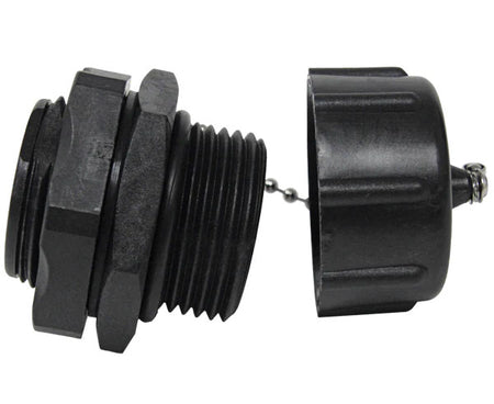 Cat6 IP67 outdoor rated shielded coupler with cap on chain and plastic nut.