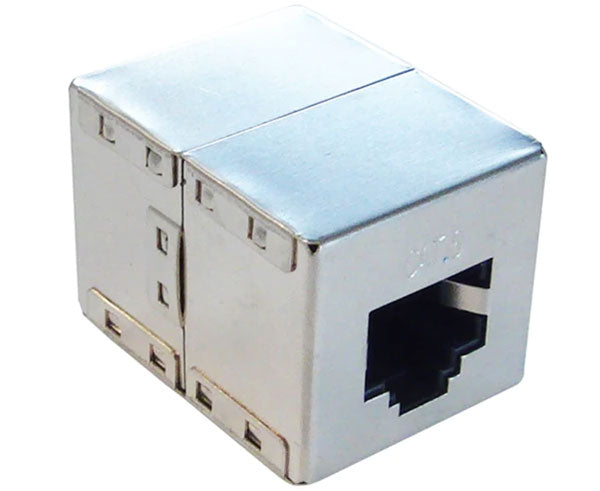Cat6 shielded inline coupler with ethernet port and metal body.