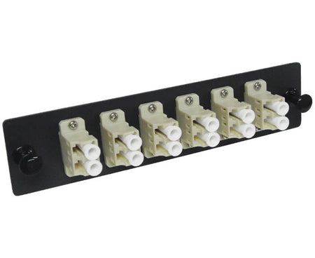 LC multimode LGX adapter plate with 6 vertical duplex couplers with flanges.