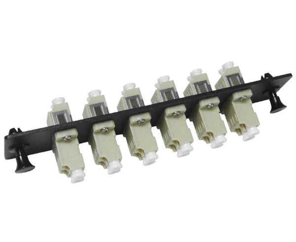 LC multimode LGX adapter plate with 6 vertical duplex couplers with mounting clips.