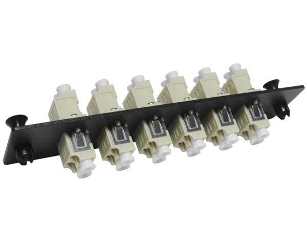 LC multimode LGX adapter plate with 6 vertical duplex couplers with metal clips.