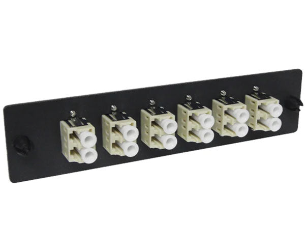 LC multimode LGX adapter plate with 6 vertical duplex couplers.