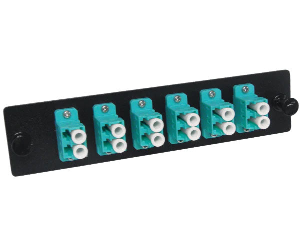 OM3/OM4 LC multimode LGX adapter plate with 6 vertical duplex couplers.
