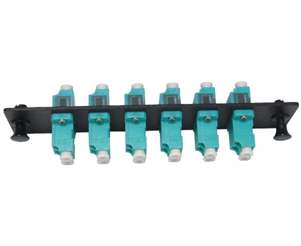 OM3/OM4 LC multimode LGX adapter plate with 6 vertical duplex couplers and mounting clips.