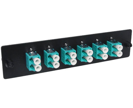 OM3/OM4 LC multimode LGX adapter plate with 6 vertical duplex couplers and metal clips.
