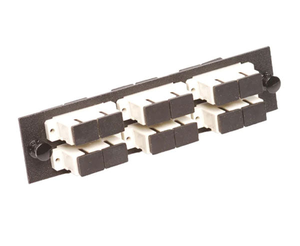 SC multimode LGX adapter plate with 6 horizontal duplex couplers.