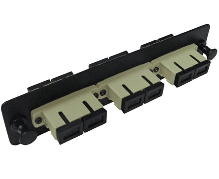 SC multimode LGX adapter plate with 3 horizontal duplex couplers.