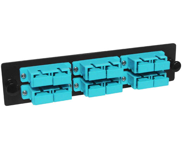 OM3/OM4 SC multimode LGX adapter plate with 6 horizontal duplex couplers.