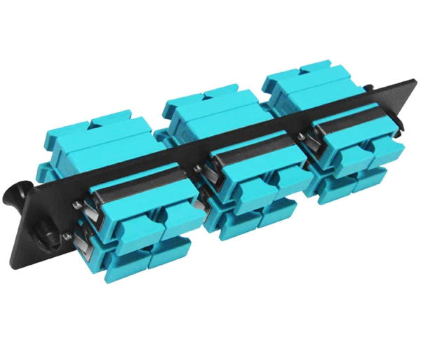 OM3/OM4 SC multimode LGX adapter plate with 6 horizontal duplex couplers, dust caps and metal clips.