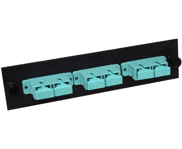 OM3/OM4 SC multimode LGX adapter plate with 3 horizontal duplex couplers.