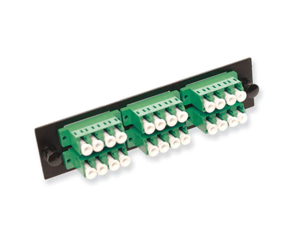 LC single-mode APC LGX adapter plate with 6 horizontal quad couplers.