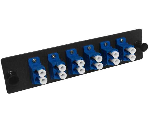 LC single-mode UPC LGX adapter plate with 6 vertical duplex couplers.