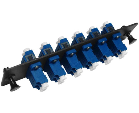 LC single-mode UPC LGX adapter plate with 6 vertical duplex couplers with flanges.