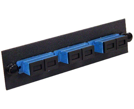 SC single-mode UPC LGX adapter plate with 3 horizontal duplex couplers.