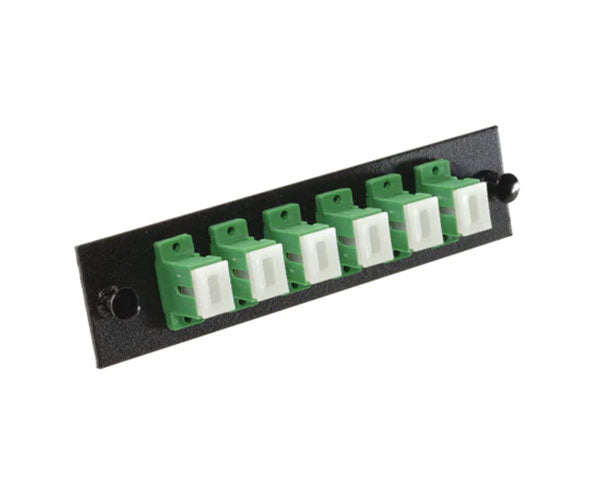 SC single-mode APC LGX adapter plate with 6 vertical simplex couplers.