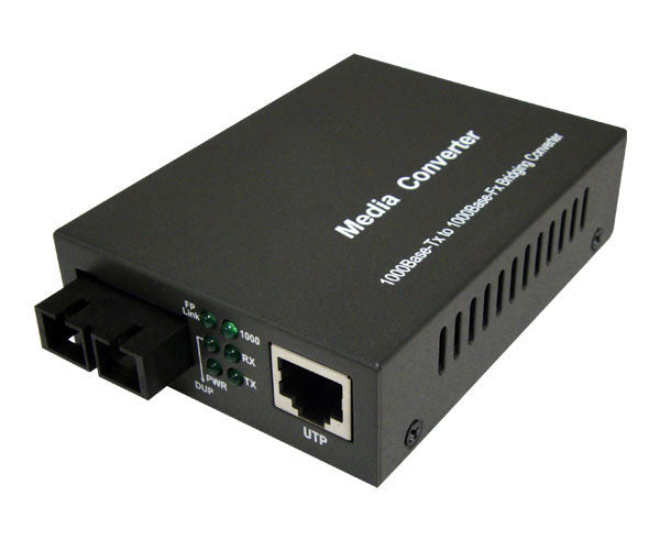 An RJ45 to duplex single-mode 100Base-FX SC fiber media converter - 500 meters.