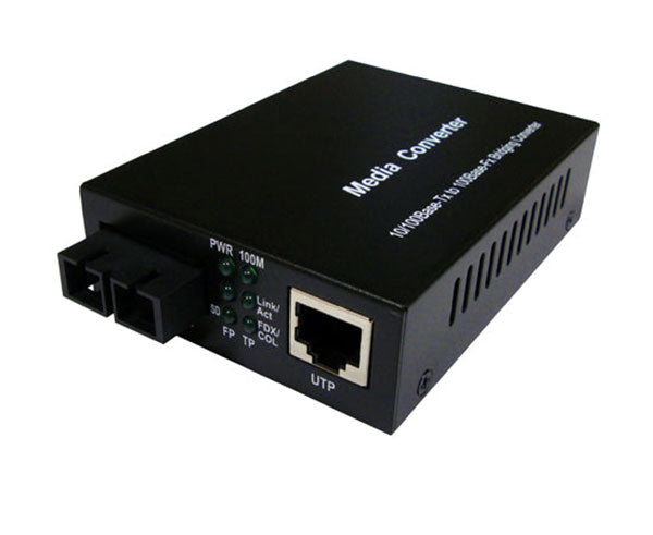 An RJ45 to duplex single-mode 100Base-FX SC fiber media converter.