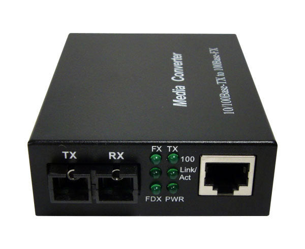 An RJ45 to duplex single-mode 100Base-FX SC fiber media converter showing both ports.