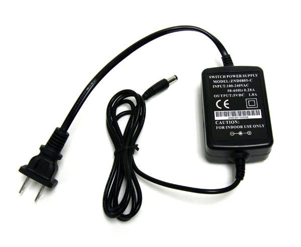 A black North American AC to 5V DC power supply.