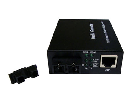 An RJ45 to duplex single-mode SC fiber media converter showing both ports.