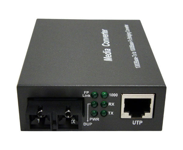 An RJ45 to 1000Base-FX single-mode SC media converter showing ports and LEDs.