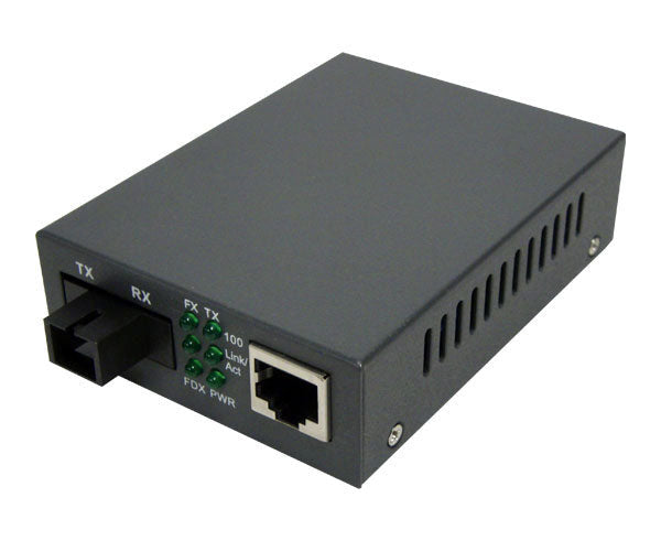 An RJ45 to 100Base-FX single-mode SC WDM media converter.
