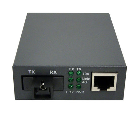 An RJ45 to 100Base-FX single-mode SC WDM media converter with warning LEDs.