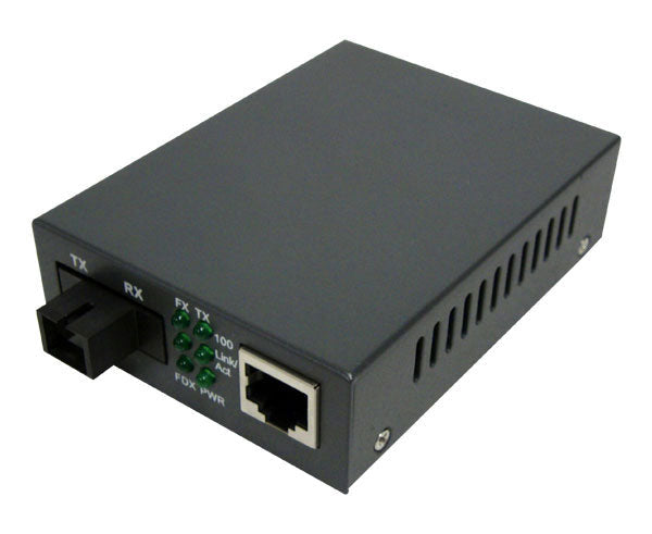 An RJ45 to 100Base-FX single-mode SC WDM media converter. 