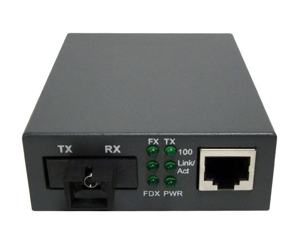 An RJ45 to 100Base-FX single-mode SC WDM media converter showing ports and LEDs.