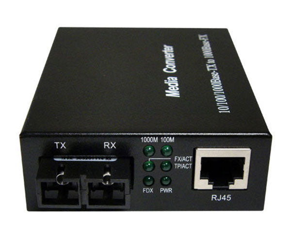 An RJ45 to duplex multimode SC fiber media converter showing both ports.