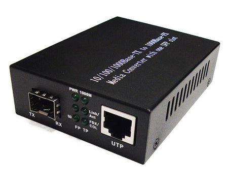 A 1000Base-FX SFP port to 1000Base-TX RJ-45 port optical media converter.